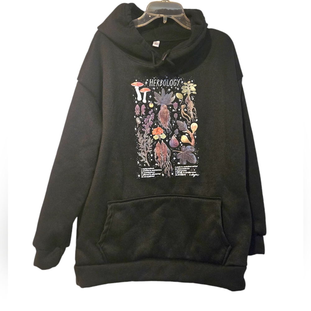 Herbology Black Sweatshirt Hoodie Mushrooms Plants Front Pocket Adult Unisex XL